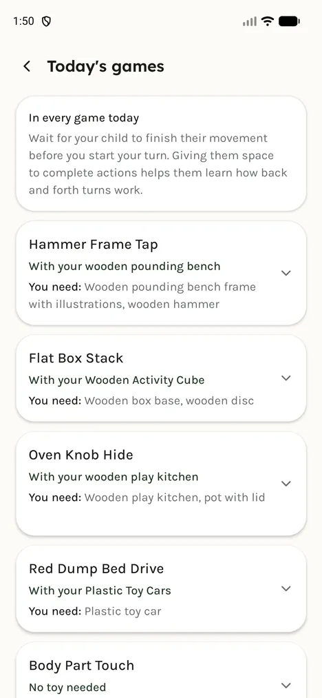 A screen of the app with the title "Today's games". It lists five short games. Under each game is the toy that it uses, for example a wooden pounding bench or a play kitchen.